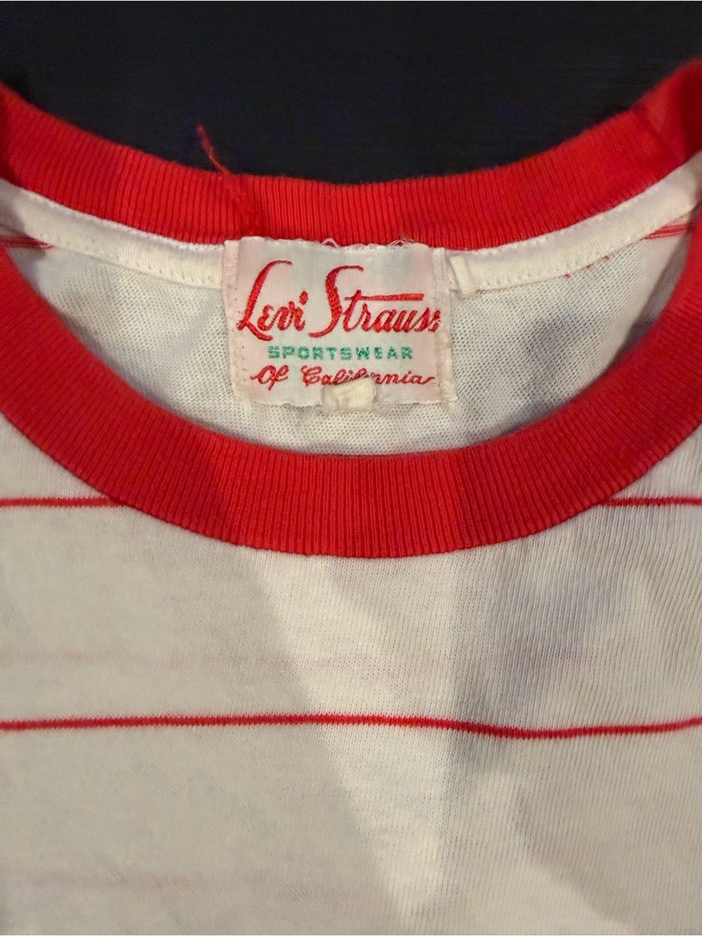 Vintage Levi Strauss White Tee with Red Stripes and Red Ribbed Collar